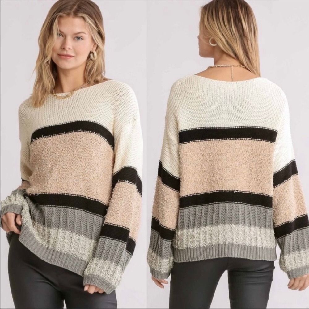 Umgee Plus Size 2XL Colorblock Striped Textured Knit Oversized Sweater Neutral